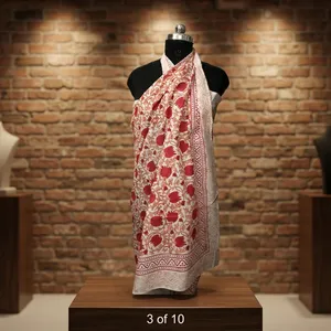 <b>Red</b> and White Hand Block Printed Cotton Fabric with Floral Vine Border for <b>Saree</b> Dressmaking Crafts and Home Decor Projects - Product Image 5