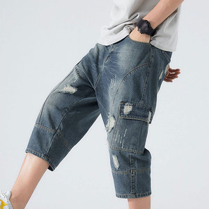 Pantalones Cortos Cargo de Mezclilla Rasgados para Hombre, Estilo Casual Urbano, Cintura Media, Elásticos, de Algodón Tejido - Product Image 6
