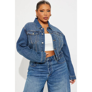 Custom <b>Vintage</b> Washed Denim Jacket S-6XL Plus Women Cropped Blue Denim Coat <b>Button</b> Front OEM Wholesale Factory Direct Supply - Product Image 2
