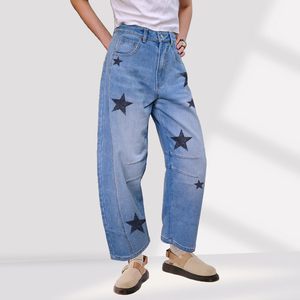 <b>Women's</b> Mid-Rise Star Printed Balloon <b>Jeans</b> <b>Vintage</b> Baggy Horseshoe Breathable Y2K Style Ankle Pants with Logo on Waist - Product Image 3