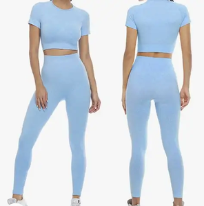 Ensemble de yoga 2 pièces sans coutures, anti-odeur, respirant, épaules dénudées/à une épaule, sans besoin de sous-vêtements, maintien élevé, Spandex/Nylon - Product Image 2
