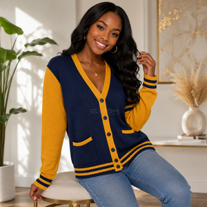 Cosh International Sorority Sisterhood Acrylic <b>Navy</b> Yellow Contrast Knitted <b>Cardigan</b> Long Sleeve V-Neck Classic With Pockets - Product Image 4