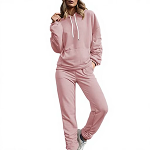 Women <b>Pink</b> Hooded Tracksuit Full Sleeve Solid Color Casual <b>Sweatshirt</b> Pants Set With Side Pockets Drawstring Closure Tracksuits - Product Image 6