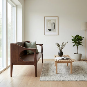 Canapé-lit de salon moderne en bois de chêne de luxe, fauteuil avec coussin, design minimaliste, forme semi-circulaire, accoudoirs rembourrés, revêtement en bois massif - Product Image 2
