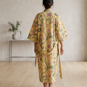 Robe kimono en coton artisanal de qualité supérieure à motifs floraux pour femmes |   Robe de chambre imprimée à la main |   Peignoir de luxe confortable pour dormir - Product Image 3