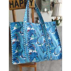 Bolso Tote de Algodón Acolchado Hecho a Mano en India – Bolso de Hombro para Mujer con Estampado Floral Azul - Product Image 2