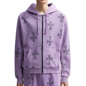 Sudadera con capucha unisex vintage con cremallera y pedrería, diseño gráfico de cruz con tachuelas brillantes, de algodón pesado, estilo streetwear. - Product Image 1