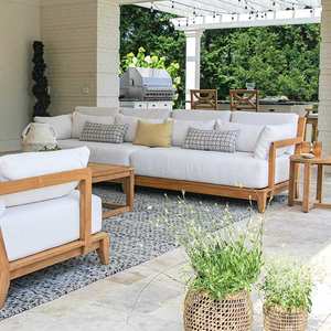 Ensemble de canapés de jardin en teck minimaliste moderne, imperméable, pour espaces de vie extérieurs contemporains, pour villa et hôtel - Product Image 4