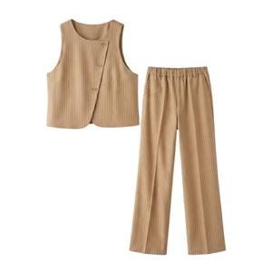 Ensemble long 2 pièces pour femme, gilet sans manches et pantalon rayés tissés, col boutonné, décontracté, respirant, 100% coton, tenue d'été - Product Image 6
