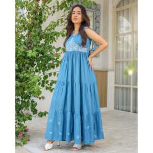 Vestido Lille Blue Talla XS, Corte en A, de Algodón, Cuello en V, Cintura Imperio, Transpirable, Estampado Floral, Chifón, Moderno y Cómodo - Product Image 6