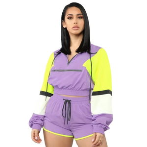 Ensemble Crop Top et Short Color Block pour Femme, Violet Jaune Néon, Manches Longues, Sportif, Tricoté en Spandex et Polyester, Idéal Printemps-Été - Product Image 1