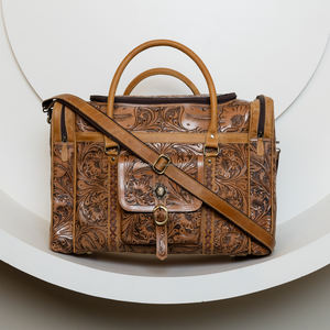 คอลเลกชันใหม่ล่าสุดวินเทจตะวันตก cowhide แกะสลักเดินทาง Duffel ทำด้วยมือสีน้ำตาลโบราณขนาดใหญ่กระเป๋าเครื่องมือในสัปดาห์ - Product Image 2