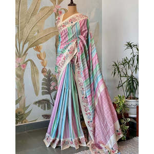 Sari imprimé numérique exquis avec des fils brodés, magnifique vêtement indien et pakistanais - Product Image 5