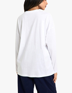 Women's White Oversized Long Sleeve T-<b>Shirt</b> Crew Neck <b>Flame</b> Logo Print Loose Fit 100% Cotton Jersey Breathable All Seasons - Product Image 2