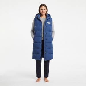 Veste longue matelassée pour femme, gilet à capuche entièrement zippé, vêtements d'extérieur d'hiver, couleur bleu uni, personnalisez votre propre logo, marque privée - Product Image 1