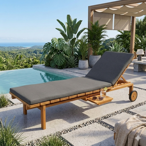 Chaise longue réglable en teck massif avec roulettes, design moderne, coussins résistants aux UV inclus, mobilier de patio pour piscine et resort - Product Image 3