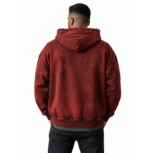 Sudadera con capucha de alta calidad 100% algodón, roja, con lavado ácido, cremallera completa, forro polar grueso y cálido, estilo casual urbano, holgada, de secado rápido. - Product Image 6