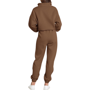 Ensemble 2 pièces pour femme : Pull mi-zippé marron et pantalon de jogging taille haute en molleton de coton mélangé, tenue décontractée, service personnalisé - Product Image 2