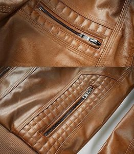 Chaqueta de cuero PU para hombre, estilo motociclista, talla grande, con capucha, transpirable, con cremallera, para otoño, en marrón y negro, venta al por mayor de fábrica. - Product Image 5