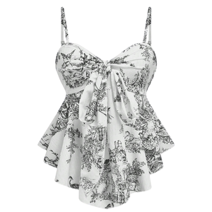 Blusa Peplum sin Mangas con Tirantes Finos y Lazo Frontal, Estampado Floral en Blanco y Negro, Estilo Bohemio para Mujer, Moda Casual de Verano para Fiesta - Product Image 1