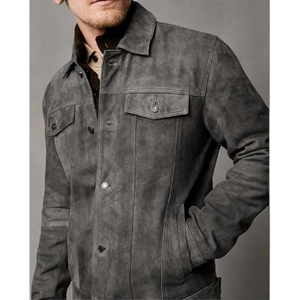 Men's <b>Suede</b> <b>Leather</b> <b>Jacket</b> Workwear Style Turn-down Collar Washed Finish Button Closure Autumn Outerwear - Product Image 5