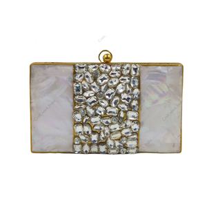 Indian handcrafted mother of pearl <b>clutch</b> with crystal stone <b>embellishment</b> brass frame luxury evening statement bag design style - Product Image 1