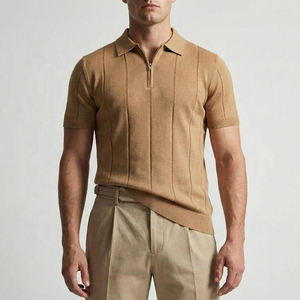 Polo en tricot à manches courtes pour homme, couleur unie, fermeture éclair sur le devant, coupe décontractée élégante, bordeaux - Product Image 4