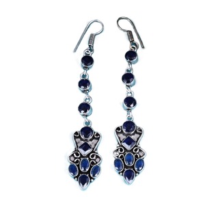 Trendy Royal Blue Zircon Brass <b>Long</b> Drop <b>Earrings</b> | Antique <b>Silver</b> Plated Boho Style Fashion Jewelry for Women - Product Image 2