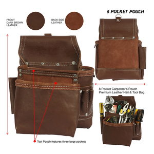 Ceinture porte-outils professionnelle en cuir avec 18 poches, sac banane ajustable pour homme, marron, support marteau, mètre ruban, crochet - Product Image 3
