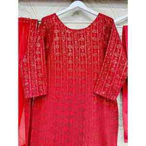 ผ้าจอร์เจียเจ็ตปักลวดลายตามสมัยนิยมมีสีแดงเข้ม - Product Image 5