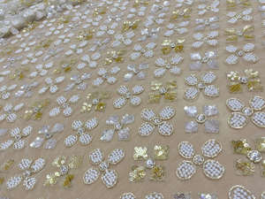 Nuevo Diseño de Tela de Tul con Cuentas Doradas Champán, Lentejuelas Florales 3D, Encaje para Vestido de Novia, Vestido de Noche, Venta al por Mayor - Product Image 3