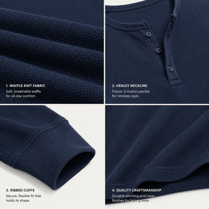 เสื้อเชิ้ตเฮนลีย์ผ้าวาฟเฟิลพรีเมียมสำหรับผู้ชาย ทรงเข้ารูป แขนยาว ผ้าฝ้าย เสื้อยืดลำลอง สปอร์ตแวร์ สีน้ำเงินกรมท่า เสื้อท็อปส์เนื้อผ้ากันหนาว - Product Image 6