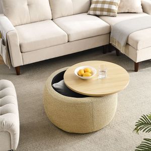 ออตโตมันทรงกลมอเนกประสงค์ 2 in 1 สีธรรมชาติ ขนาด 25.5"x25.5"x14.5" ใช้เป็นโต๊ะข้างและออตโตมัน - Product Image 4