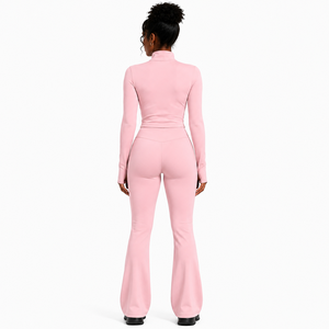 Ladies Pink Workout Set Fitted Stand Collar Training <b>Jacket</b> Wide Leg <b>Yoga</b> Trousers Stretch Sportswear Custom Gym Fitness Sets - Product Image 2