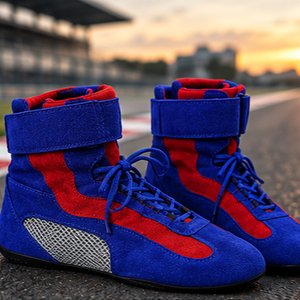 Bottes de moto bleues et rouges à boucle de cheville en cuir véritable, légères, respirantes, avec semelle extérieure en caoutchouc et semelle intermédiaire en EVA, toutes saisons, bout fermé - Product Image 4