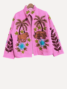 Cárdigan Rosa Bohemio con Estampado Animal Bordado, Cuello Mandarín, Manga Larga, Talla Grande, Ropa Casual de Verano para Mujer - Product Image 5