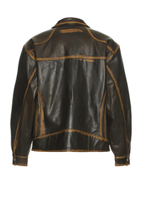 Customized Fading Seams Breathable Coated Genuine Leather <b>Jacket</b> for <b>Men</b> Vintage Style Loose Fit Front - Product Image 3