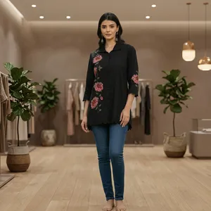<b>Womens</b> <b>Black</b> Floral Embroidered <b>Shirt</b> Blouse Button Front Three Quarter Sleeve Scalloped Hem Relaxed Fit Casual Fashion Top - Product Image 1