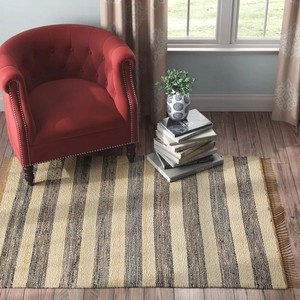 Tapis d'intérieur en jute rayé, style ferme, tissage plat, antidérapant, beige et marron, pour salon, pique-nique, tapis moderne - Product Image 1