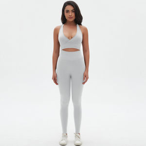 Conjunto de Leggings y Sujetador Deportivo Transpirable sin Costuras para Mujer, Cuello en V, Diseño Cruzado Sexy, Cintura Elástica para Pilates, Running y Fitness - Product Image 3