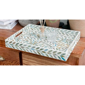 Plateau rectangulaire de luxe en nacre avec poignées, mosaïque florale faite à la main, plateau décoratif pour table basse ou ottoman - Product Image 1