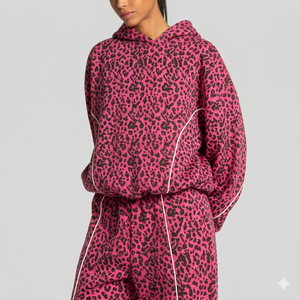 Custom Pink & Black Leopard Print Oversized Contrast Pipping Women <b>Tracksuit</b> Pullover Contrast Lining Hoodie & Jogger For Womens - Product Image 3