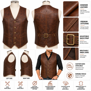 Chaleco de Cuero Genuino Marrón para Hombre, Estilo Vintage con Cuello en V, Cierre de Botones y Espalda con Cordones, Ropa de Abrigo para Otoño - Product Image 3