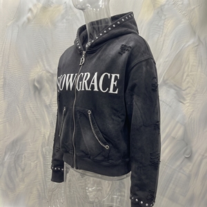 เสื้อฮู้ดซิป Snowgrace สีดำ พิมพ์ลายตัวอักษรประดับเพชร สไตล์สตรีทแวร์ เสื้อกันหนาวผู้ชาย ทรงปกติ - Product Image 4