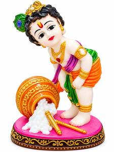 Ídolo de Bal Krishna en Poliresina, Makhan Chor Murti con Recipiente para Mantequilla, para Decoración del Hogar, Mandir o Tablero del Automóvil - Product Image 1