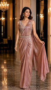 Sari en soie rose brodé, infroissable et anti-humidité, robe traditionnelle pour mariage et fête - Product Image 1