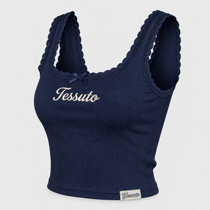 TESSUTO Top corto azul marino para mujer, con ribetes de encaje, cuello cuadrado, lazo, sin mangas, de viscosa y algodón, ajustado, para verano - Product Image 1