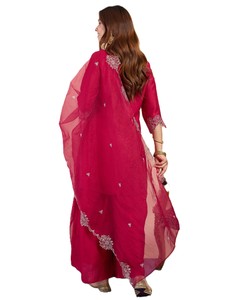 Ensemble 3 pièces traditionnel indien pour femme : Kurta droite en soie brodée, Palazzo et Dupatta, pour usage quotidien décontracté - Product Image 4