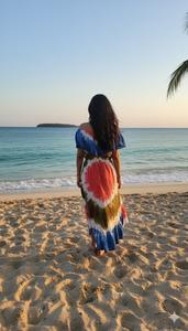 Vestido de playa tie-dye con hombros descubiertos y bajo asimétrico para mujer, ideal para vacaciones de verano, con volantes, rojo, azul, de algodón, estilo boutique, maxi. - Product Image 4