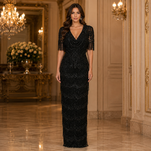 Luxury Black Beaded Evening Gown for Women Deep V Neck Fringe Sleeve <b>Sequin</b> Maxi Dress Elegant Formal Party Wedding Reception - Product Image 3